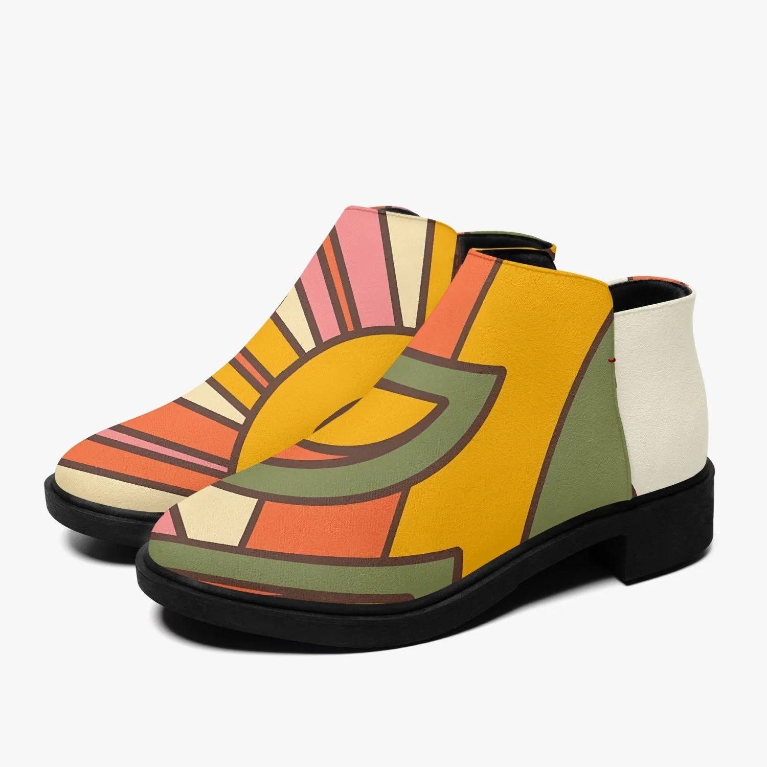 70s Mod Flower Power, Groovy Kitsch Ankle Shoe Boots With Atomic Kittie On Back