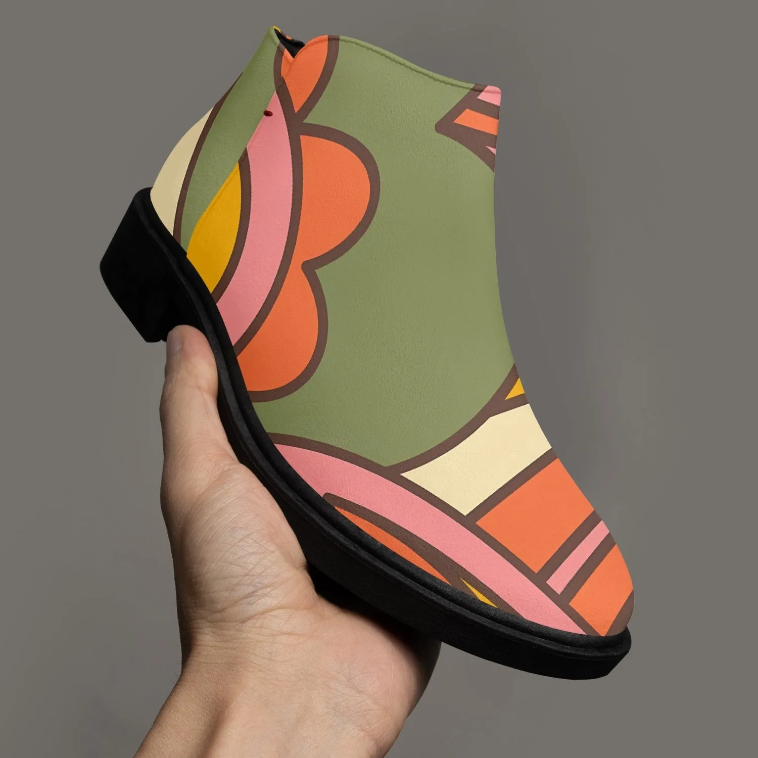 70s Mod Flower Power, Groovy Kitsch Ankle Shoe Boots With Atomic Kittie On Back