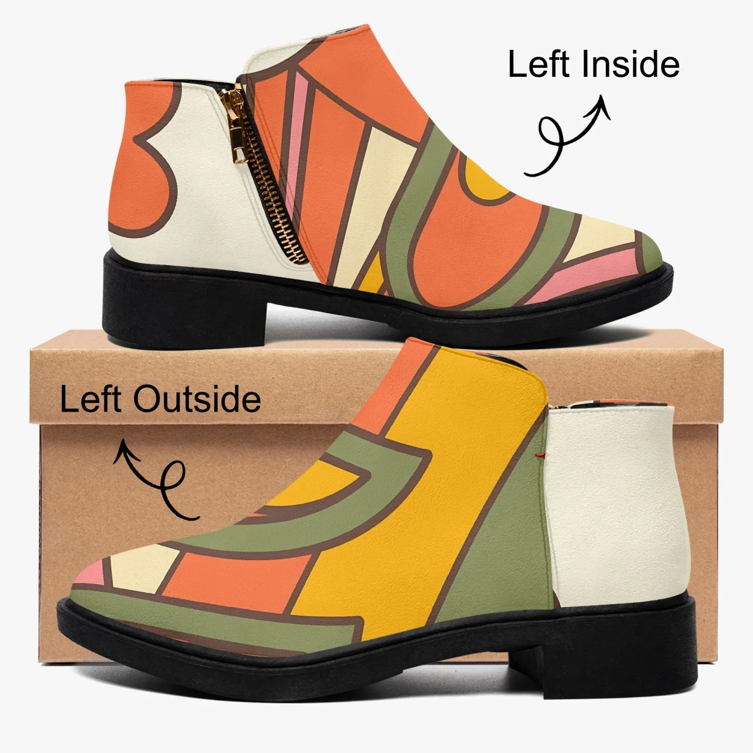 70s Mod Flower Power, Groovy Kitsch Ankle Shoe Boots With Atomic Kittie On Back