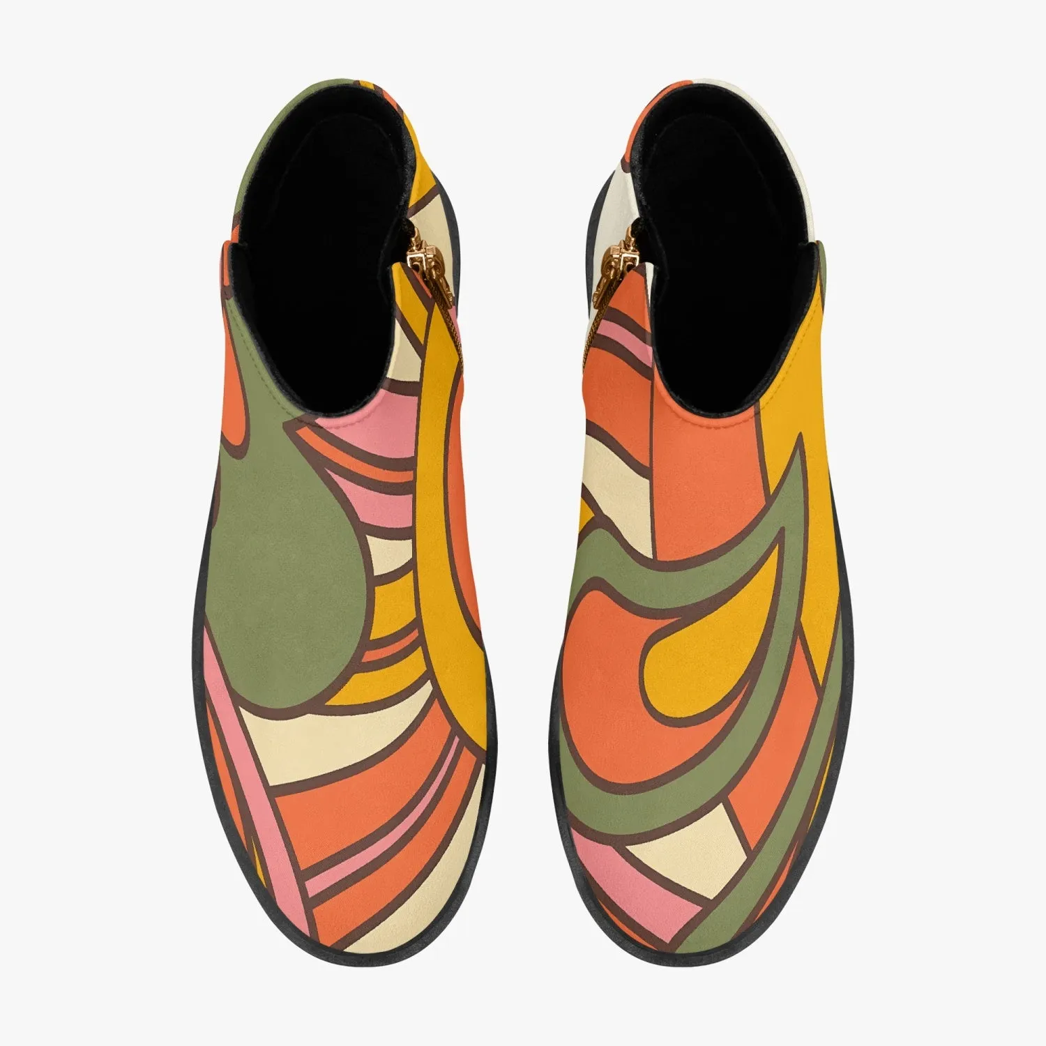 70s Mod Flower Power, Groovy Kitsch Ankle Shoe Boots With Atomic Kittie On Back
