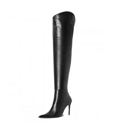 Black Leather Pointed Toe Over Knee Boots