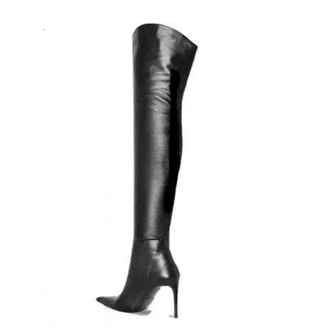 Black Leather Pointed Toe Over Knee Boots