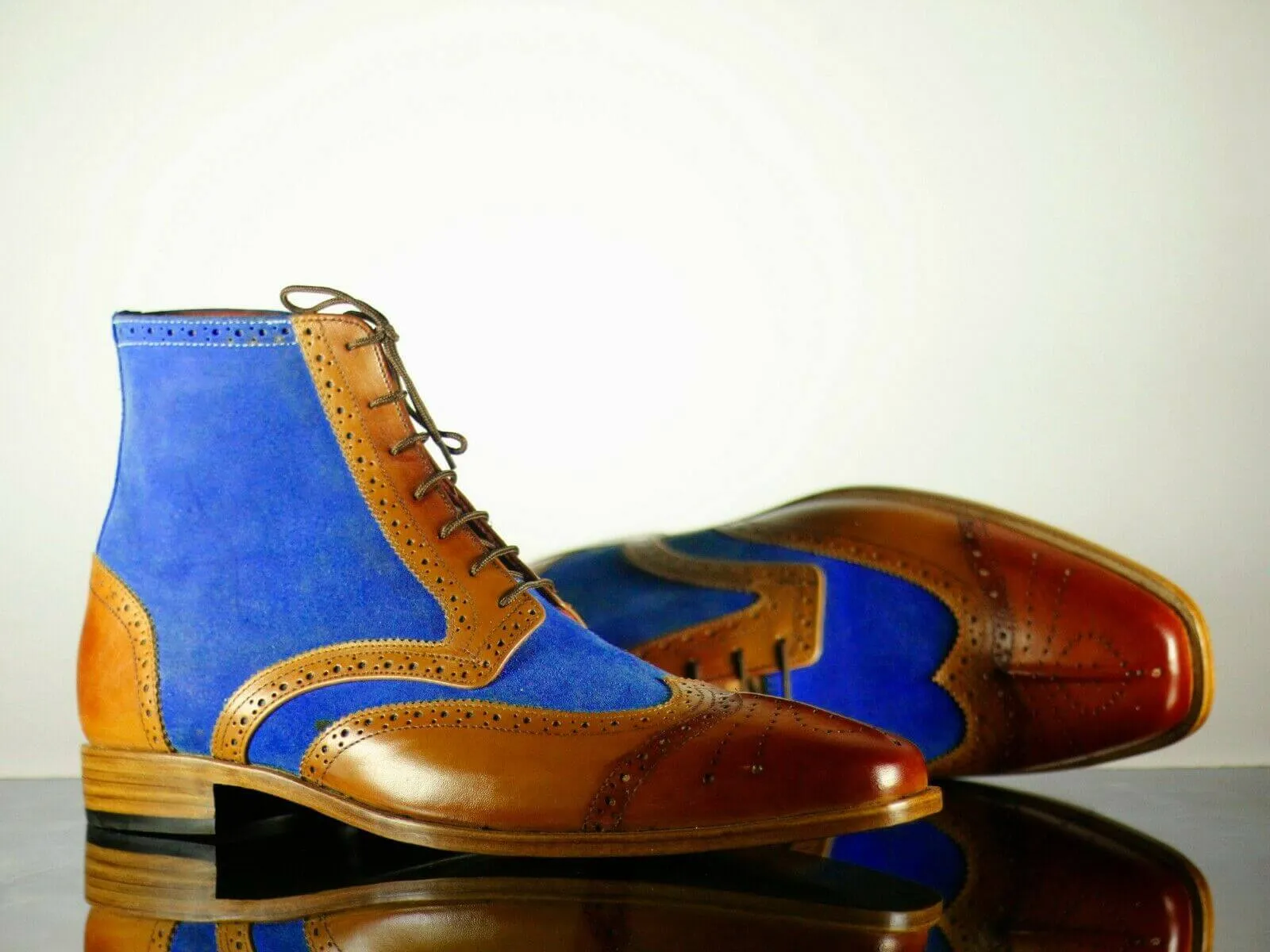 Handmade Men's Blue Brown Leather Suede Wing Tip Brogue Lace Up Boots, Men Ankle Boots, Men Designer Boots