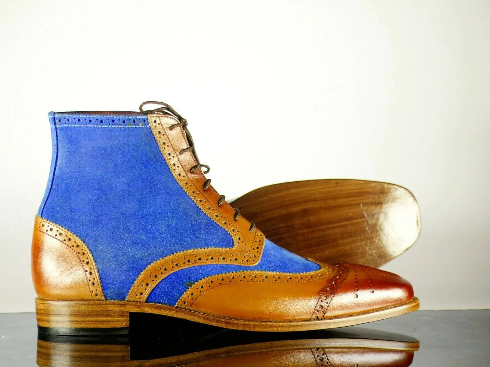 Handmade Men's Blue Brown Leather Suede Wing Tip Brogue Lace Up Boots, Men Ankle Boots, Men Designer Boots