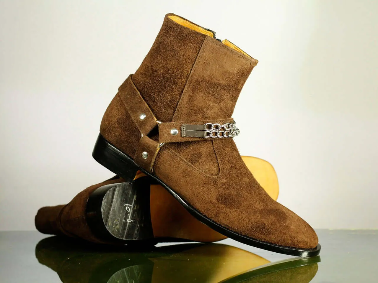 Handmade Men's Brown Suede Madrid Strap Chain Boots, Men Ankle Boots, Men Designer Boots