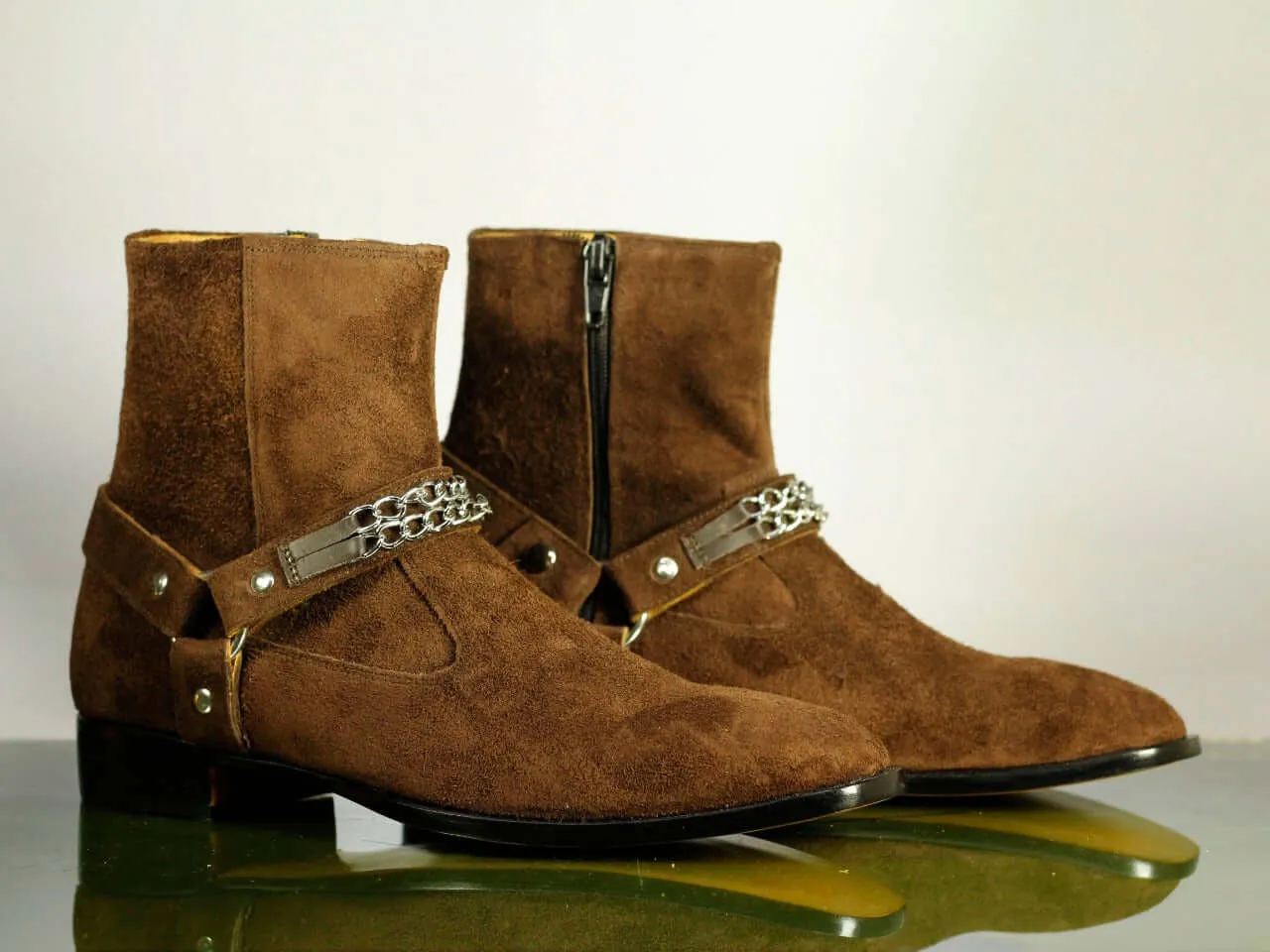 Handmade Men's Brown Suede Madrid Strap Chain Boots, Men Ankle Boots, Men Designer Boots