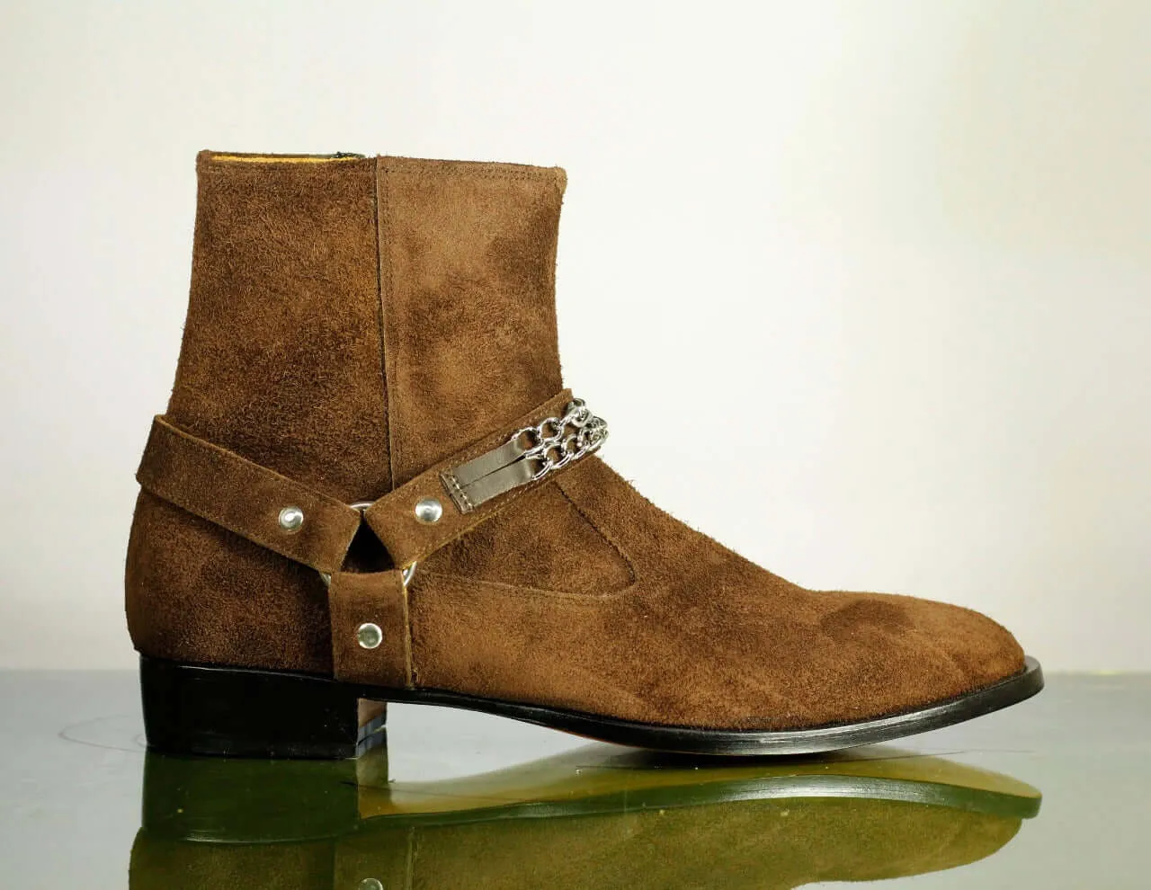 Handmade Men's Brown Suede Madrid Strap Chain Boots, Men Ankle Boots, Men Designer Boots
