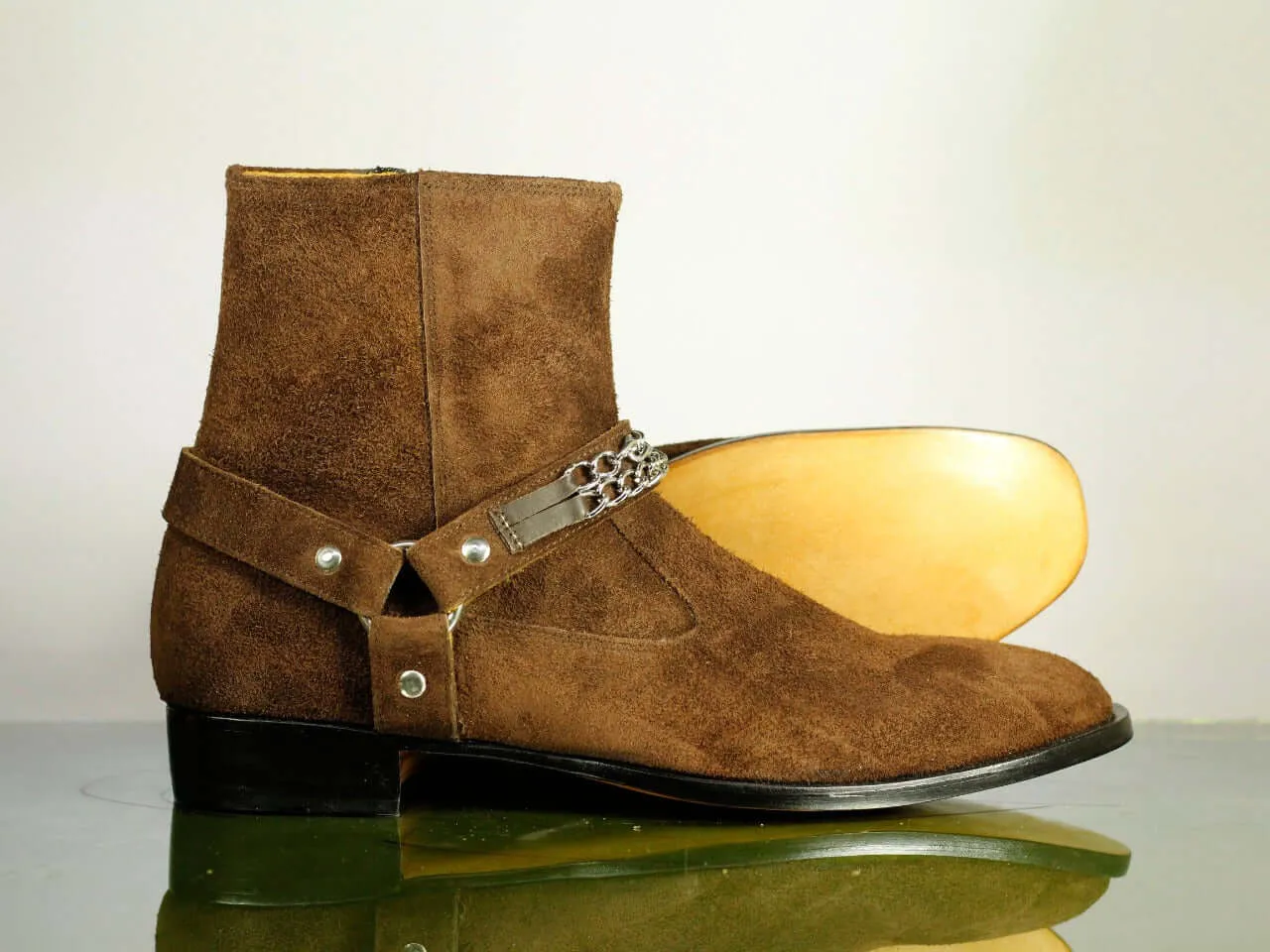 Handmade Men's Brown Suede Madrid Strap Chain Boots, Men Ankle Boots, Men Designer Boots
