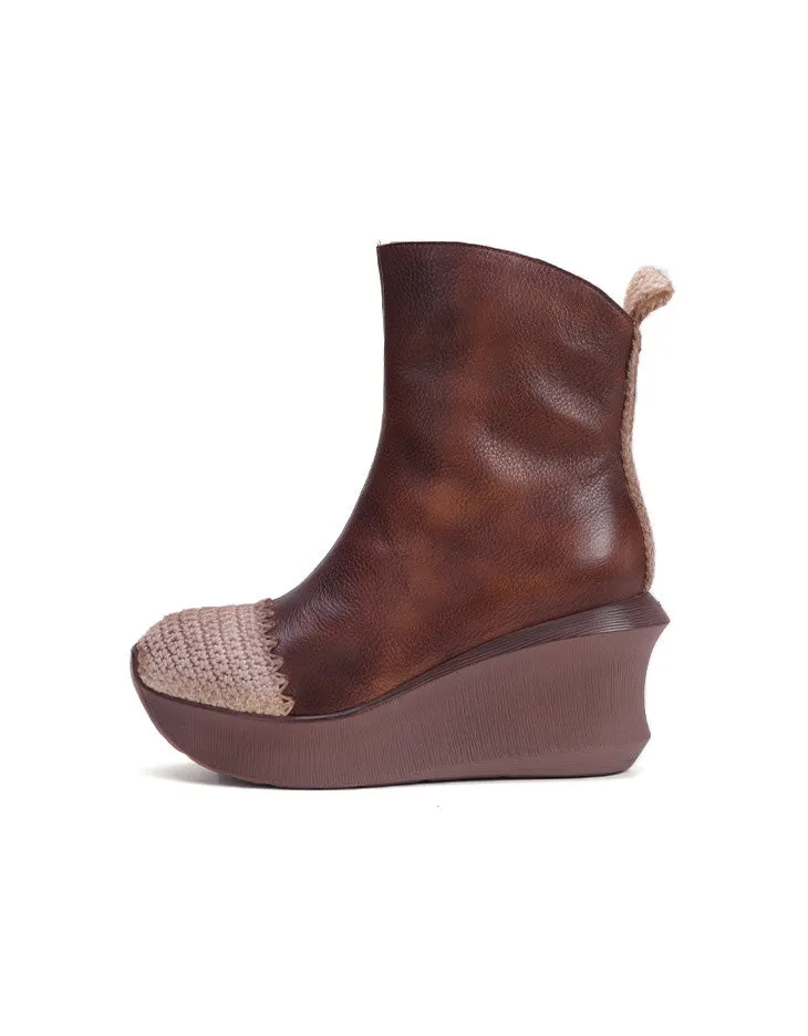 Handmade Mid Calf Retro Leather Elegant Wedge Boots