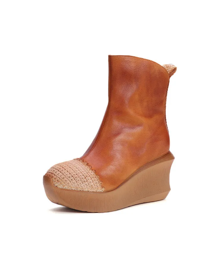 Handmade Mid Calf Retro Leather Elegant Wedge Boots