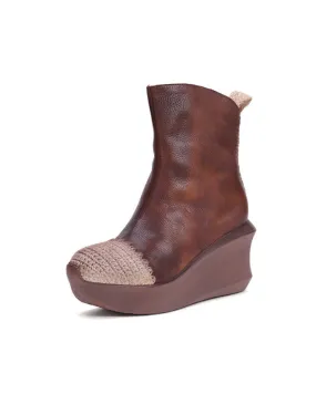 Handmade Mid Calf Retro Leather Elegant Wedge Boots
