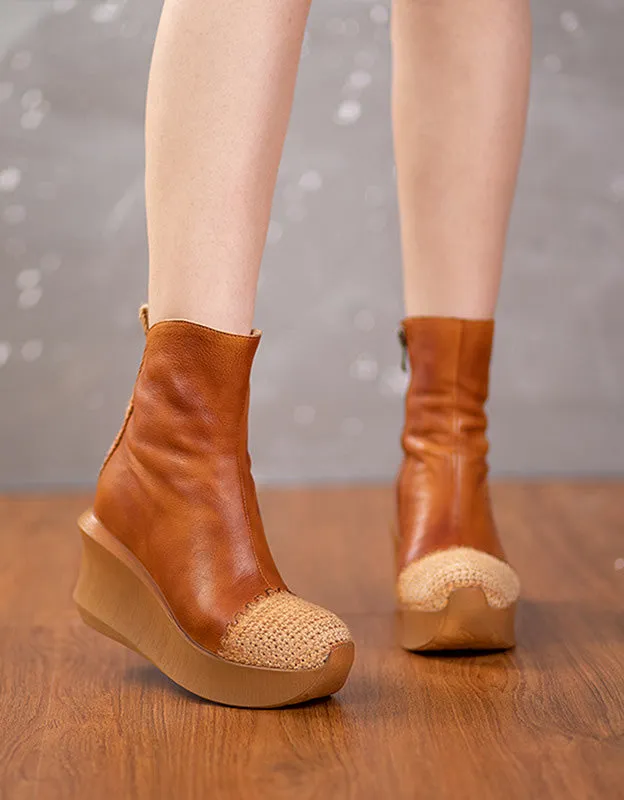 Handmade Mid Calf Retro Leather Elegant Wedge Boots