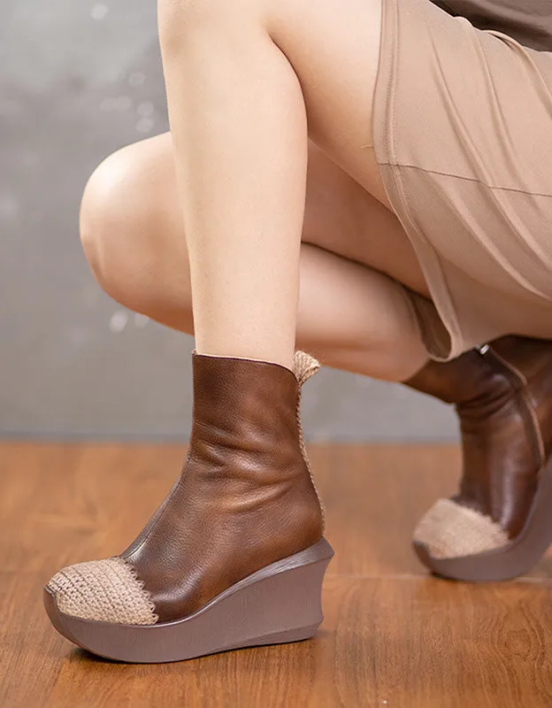 Handmade Mid Calf Retro Leather Elegant Wedge Boots
