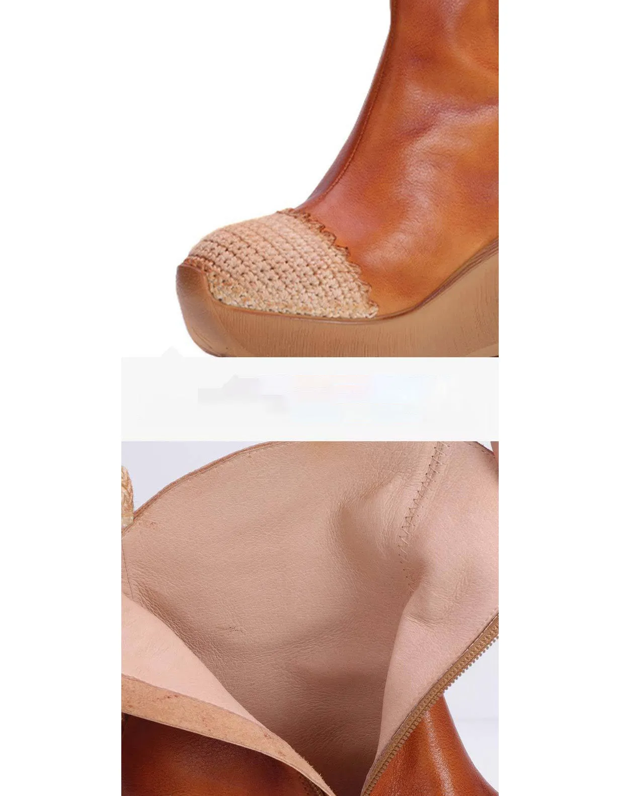 Handmade Mid Calf Retro Leather Elegant Wedge Boots