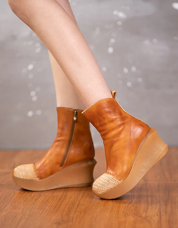 Handmade Mid Calf Retro Leather Elegant Wedge Boots