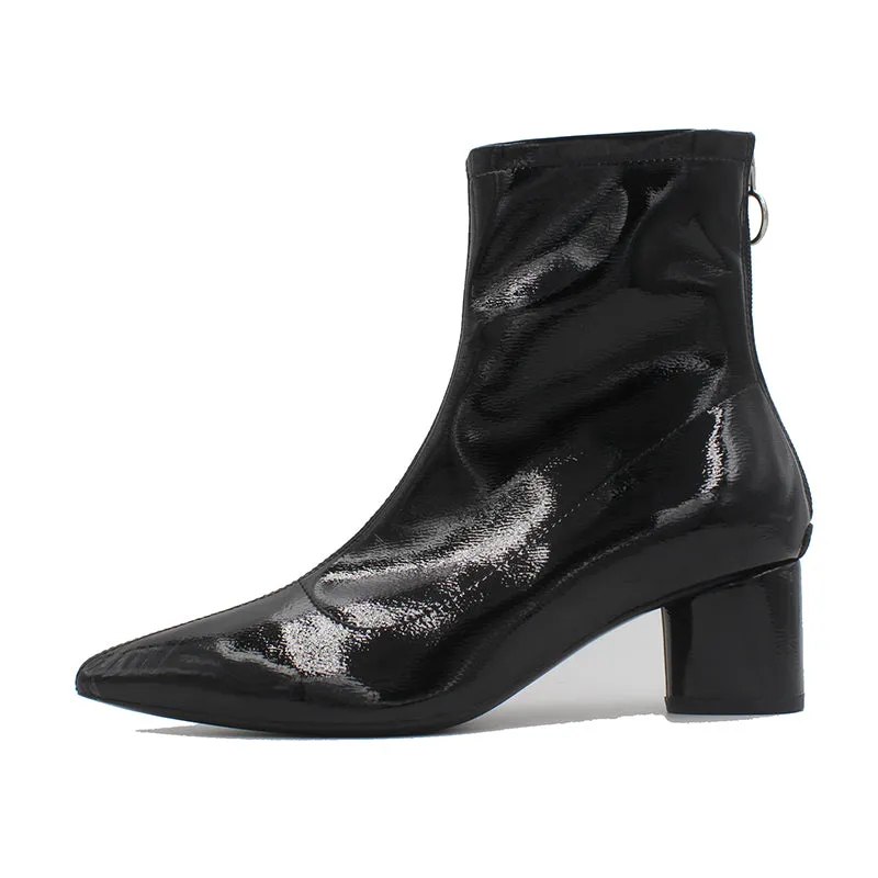 LUXE SEVEN DESIGN ZIP BACK ANKLE BOOTS IN BLACK PATENT