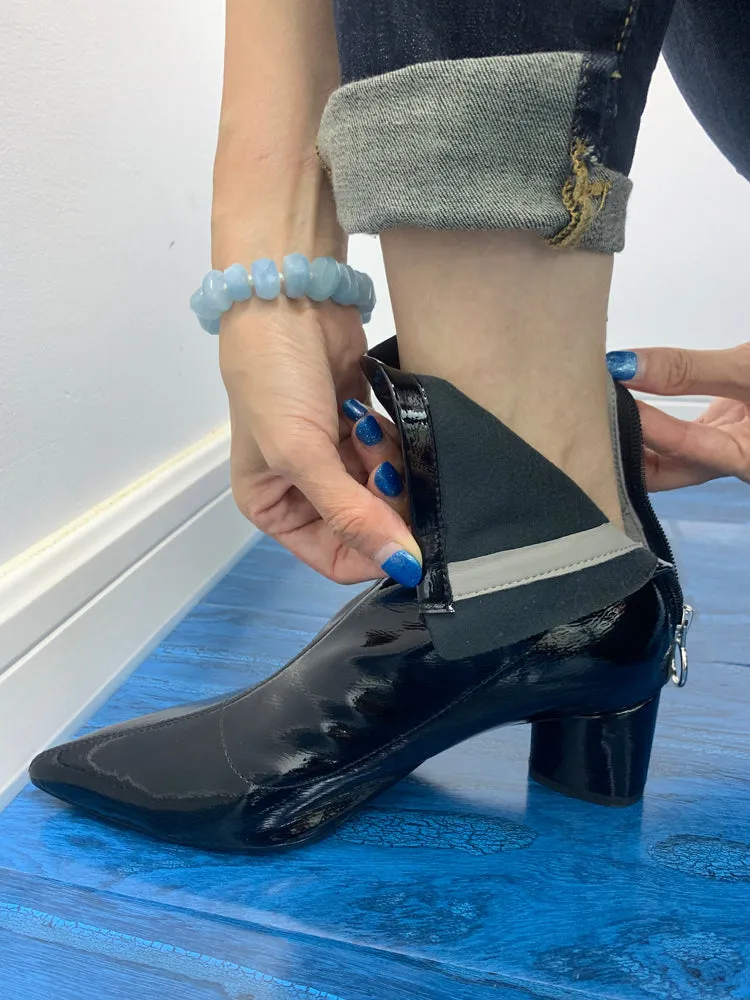 LUXE SEVEN DESIGN ZIP BACK ANKLE BOOTS IN BLACK PATENT