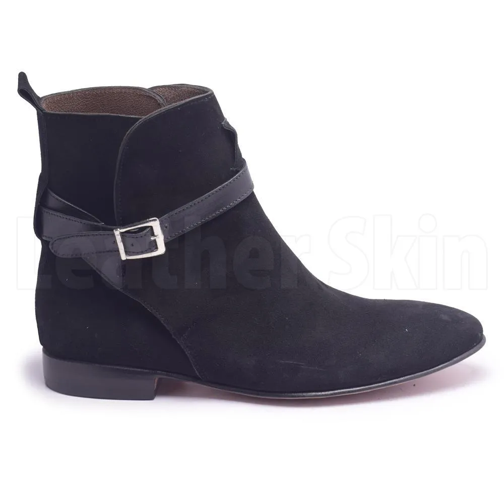 Men Black Jodhpurs Sude Leather Boots with Genuine Leather Handmade Straps
