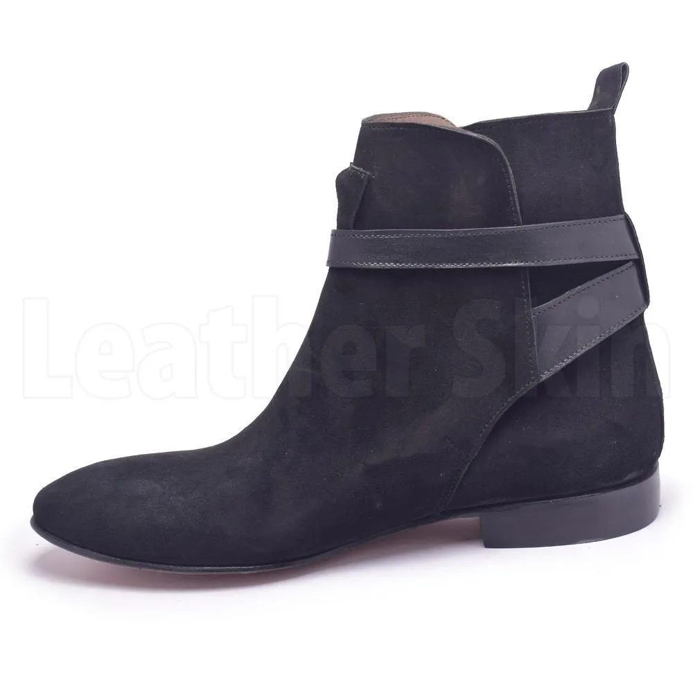 Men Black Jodhpurs Sude Leather Boots with Genuine Leather Handmade Straps