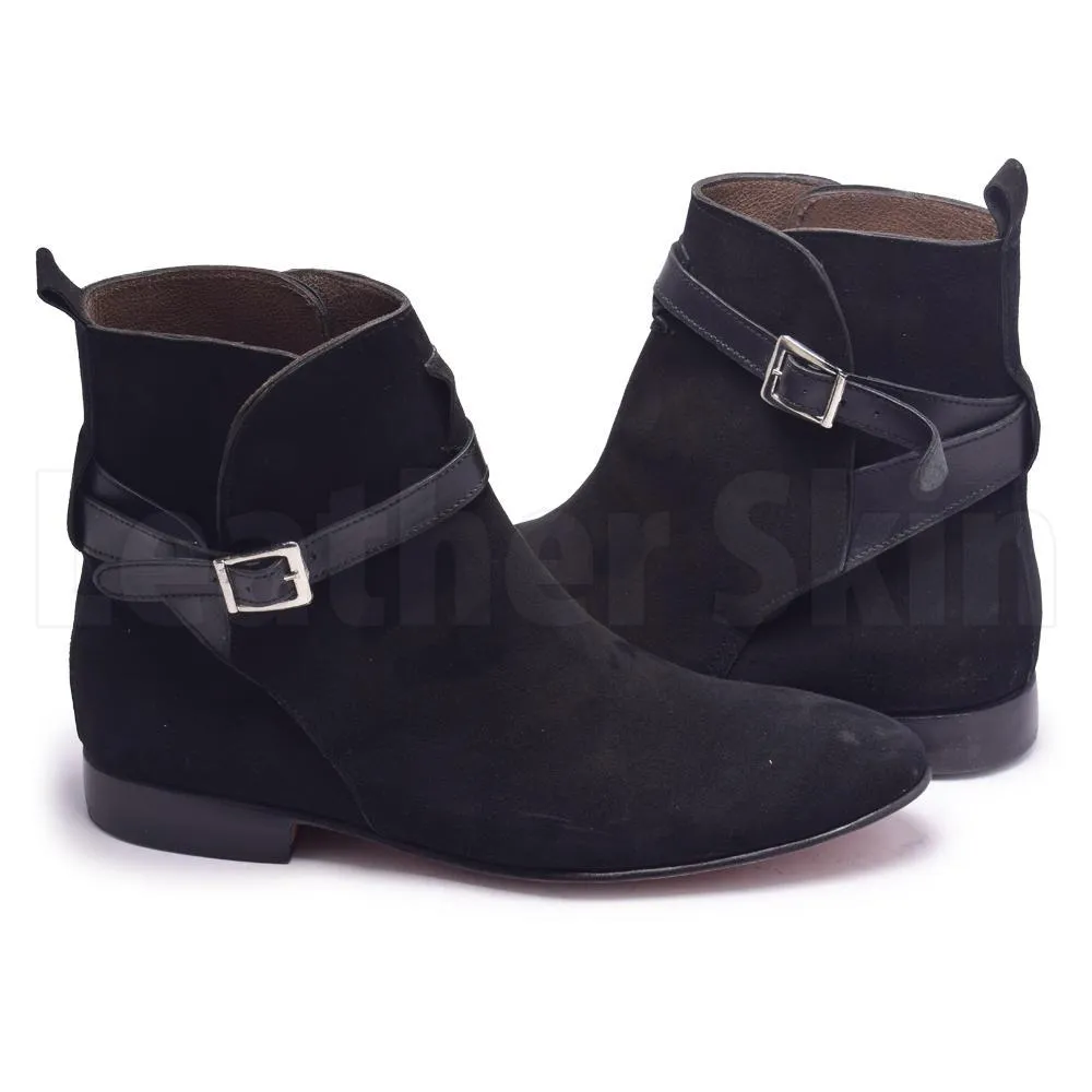 Men Black Jodhpurs Sude Leather Boots with Genuine Leather Handmade Straps