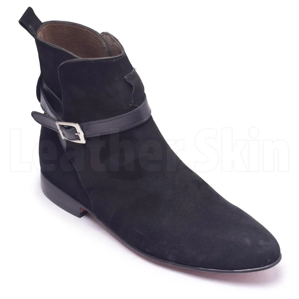Men Black Jodhpurs Sude Leather Boots with Genuine Leather Handmade Straps
