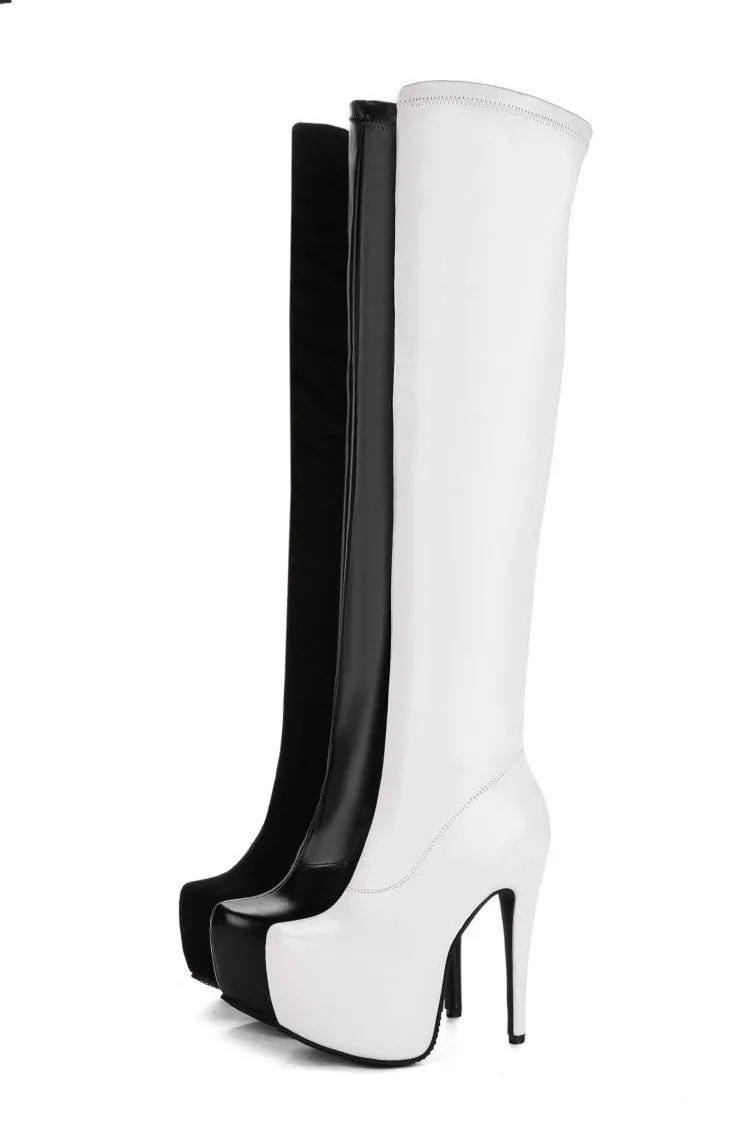 Women's Pu Leather Round Toe Over the Knee Stiletto Heel Platform Tall Boots