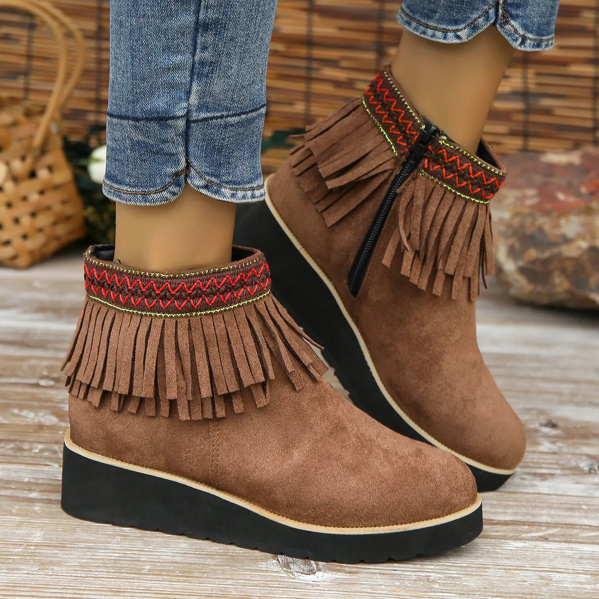 Women’s Suede Ankle Boots with Fringe and Wedge Heel in 3 Colors