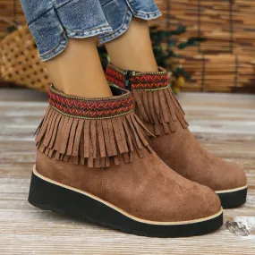 Women’s Suede Ankle Boots with Fringe and Wedge Heel in 3 Colors